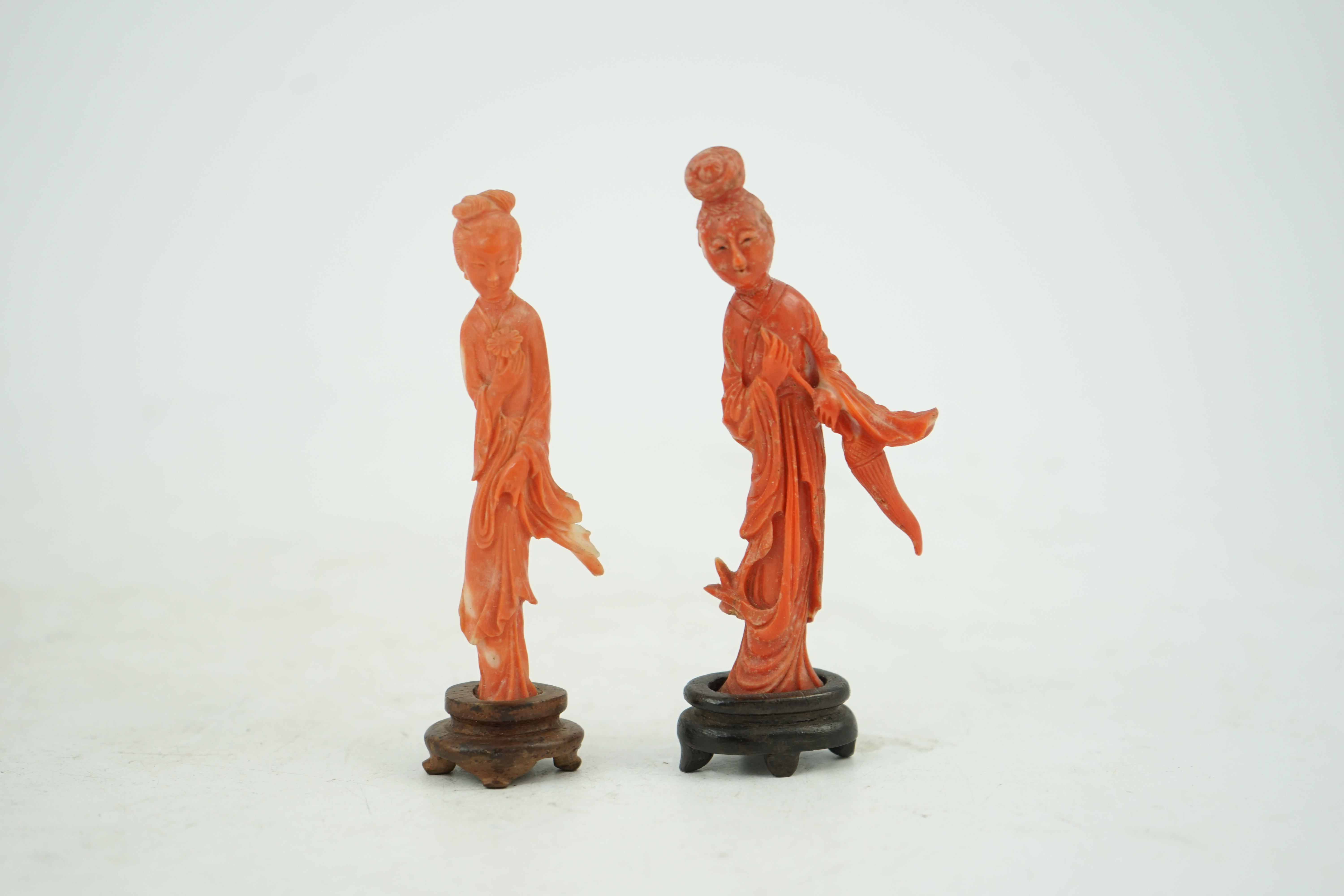 Two Chinese coral figures of ladies, early 20th century